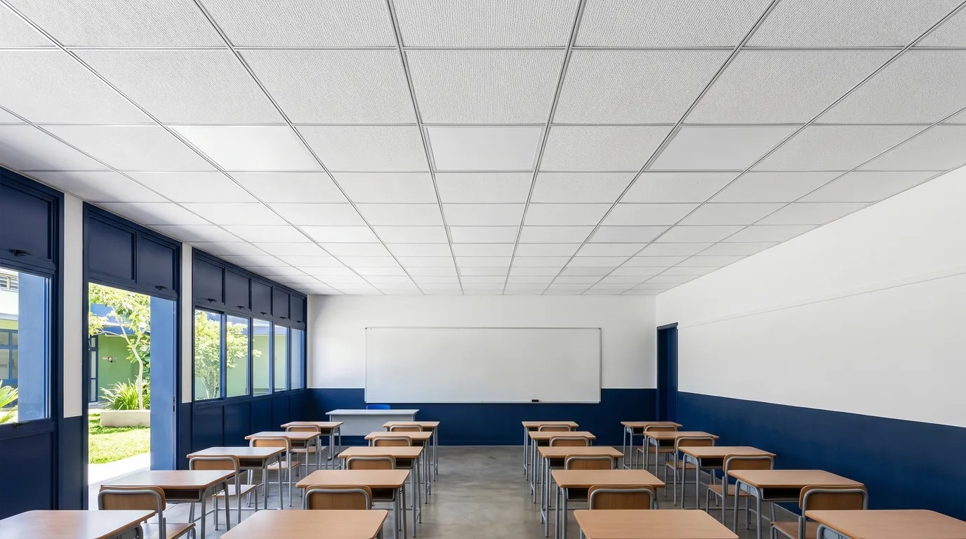 Sala de aula com forro acústico de fibra mineral branco em placas na grelha aparente, carteiras de madeira e esquadrias em azul.