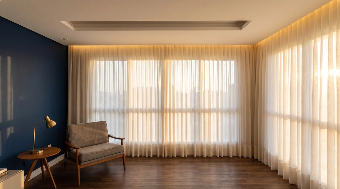 Sala com cortina que nasce do teto, sem varão aparente, graças ao cortineiro de gesso embutido.