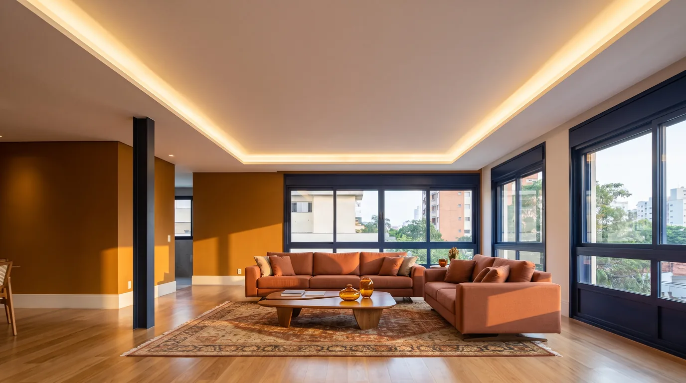 Sala de estar ampla com sanca de gesso aberta e luz indireta quente ao redor de todo o teto.
