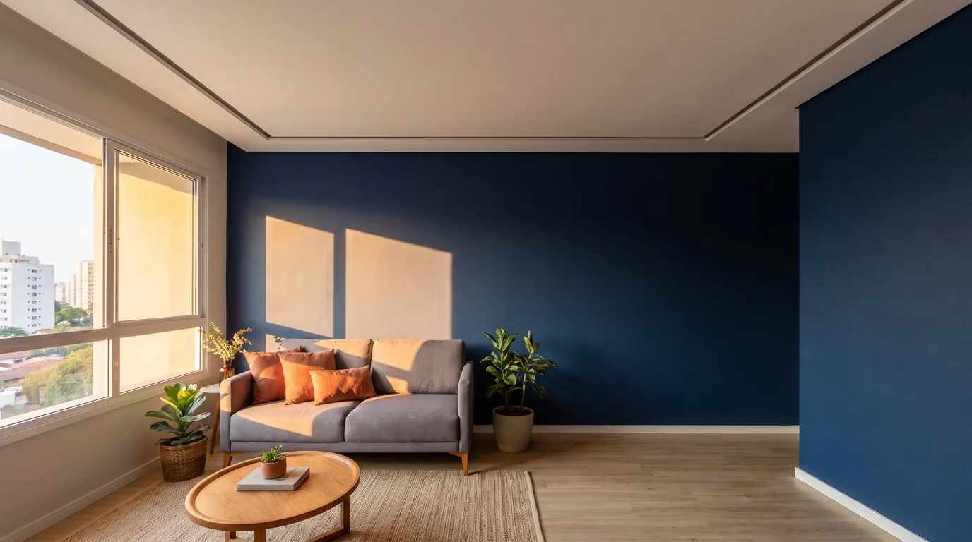 Sala de apartamento compacto com negativo de gesso, uma linha fina de sombra entre o teto e a parede azul