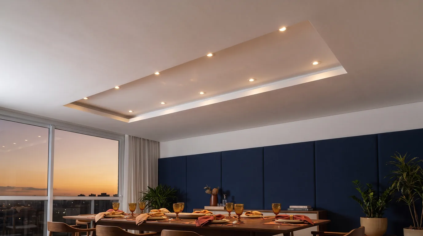 Sala de jantar com sanca de gesso fechada e spots embutidos iluminando a mesa