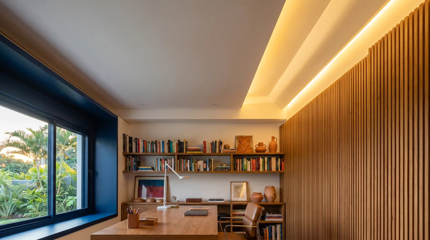 Home office com sanca de gesso invertida lavando de luz uma parede com ripado de madeira.