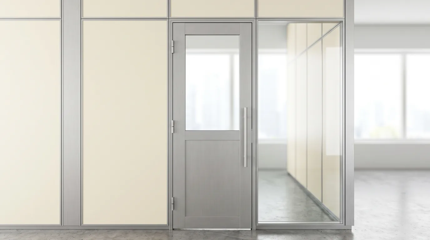 Porta de vidro integrada ao perfil de alumínio de uma divisória de eucatex, com visor lateral, numa sala de reunião.