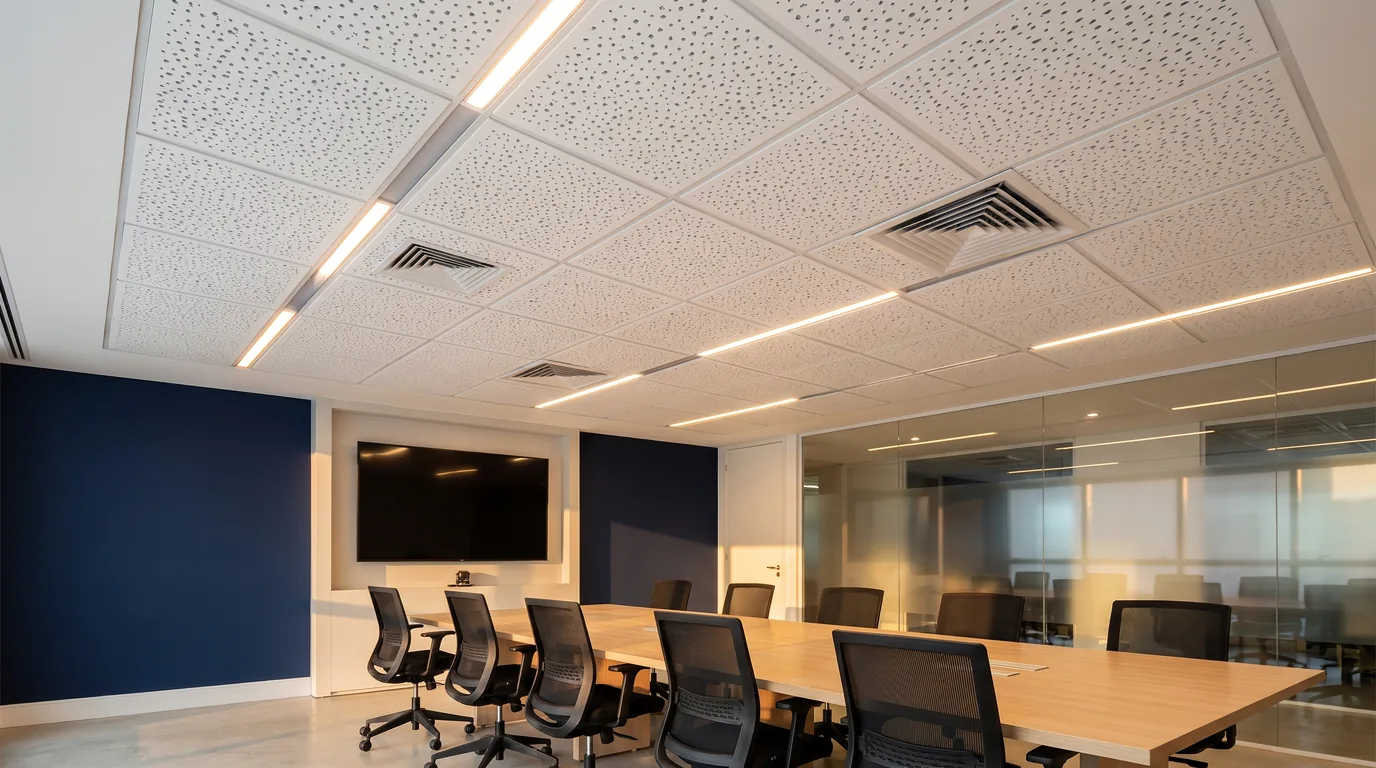 Escritório com forro de fibra mineral branco em placas modulares