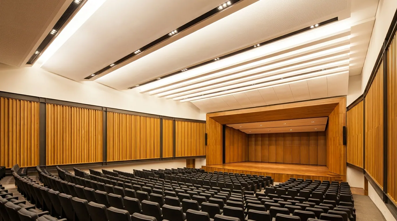 Forro acústico branco instalado em auditório de escola.