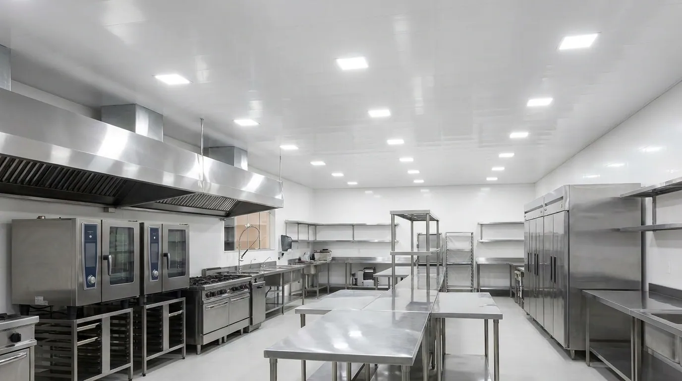 Forro branco higiênico instalado em cozinha industrial de restaurante, com inox.