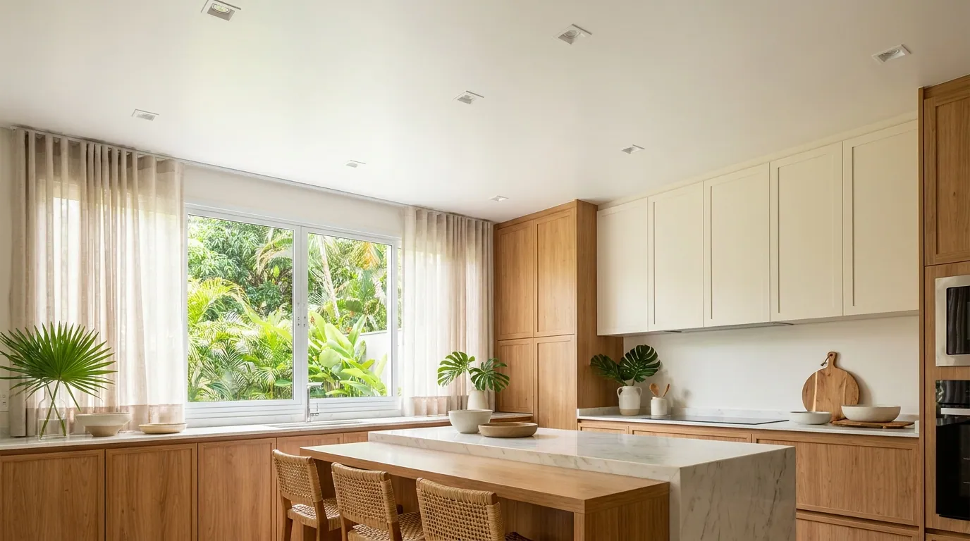 Forro branco instalado em cozinha residencial moderna, com spots embutidos.