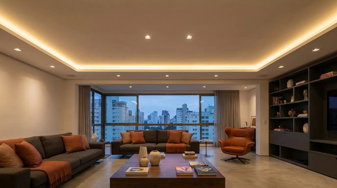 Forro de drywall branco com sanca e iluminação embutida em sala contemporânea.