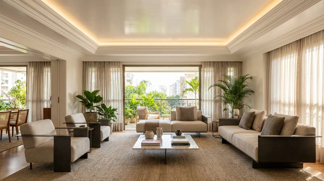 Parede de gesso dividindo ambientes, com forro branco.