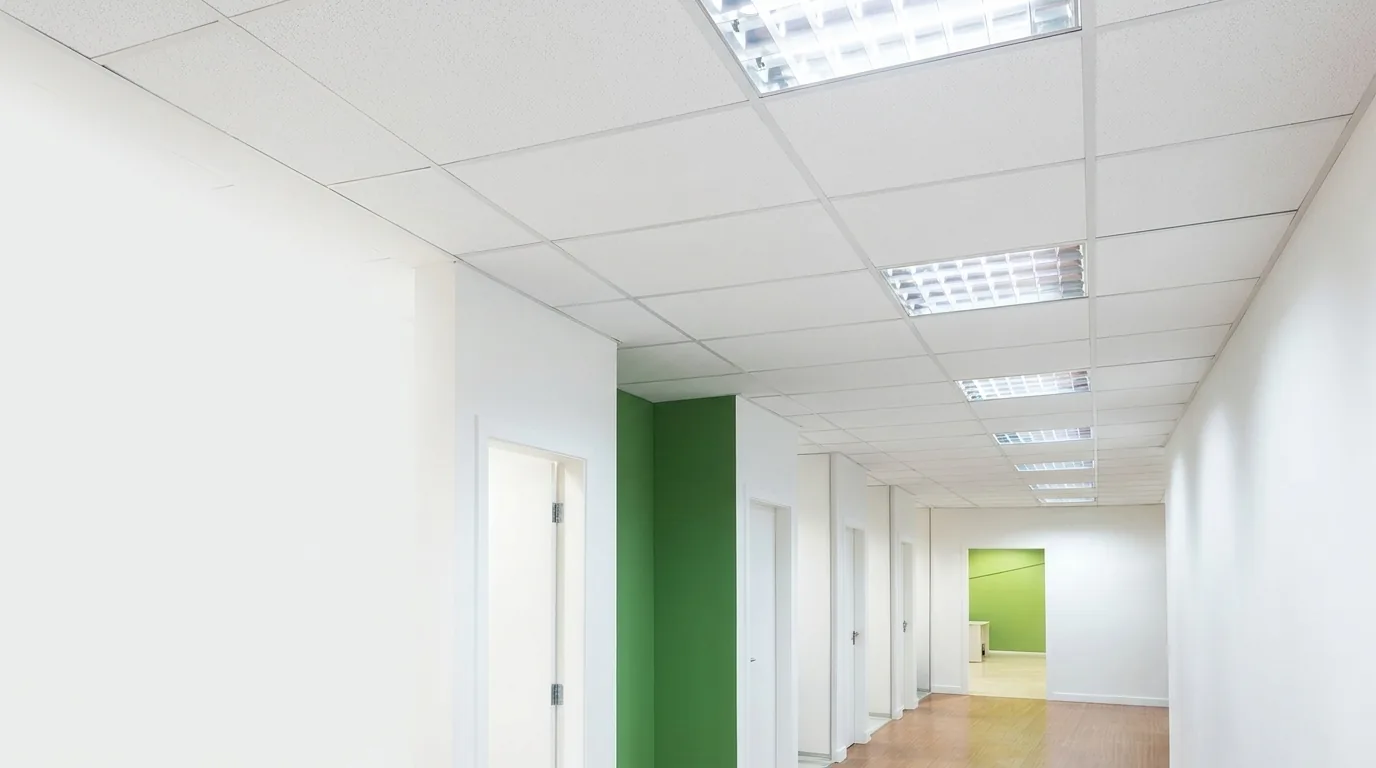 Forro modular branco em grelha T num corredor de escritório, com luminárias embutidas alinhadas às placas.